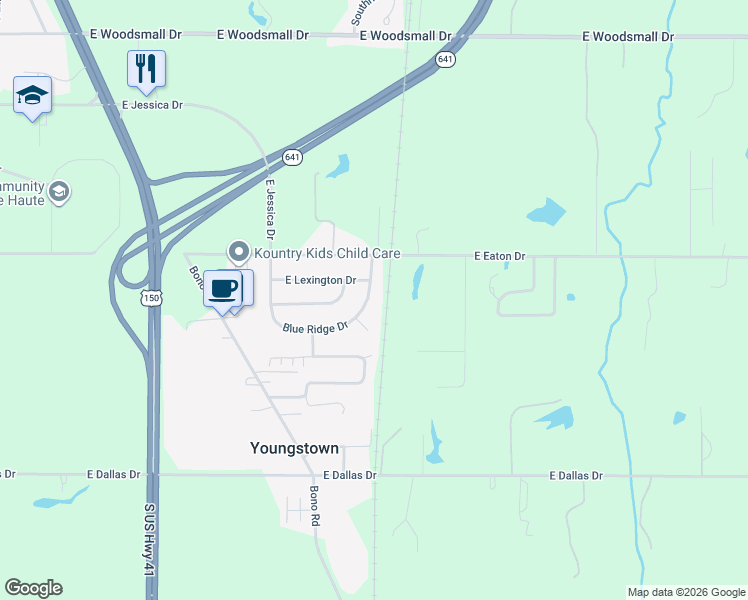 map of restaurants, bars, coffee shops, grocery stores, and more near 2066 Blue Ridge Drive in Terre Haute