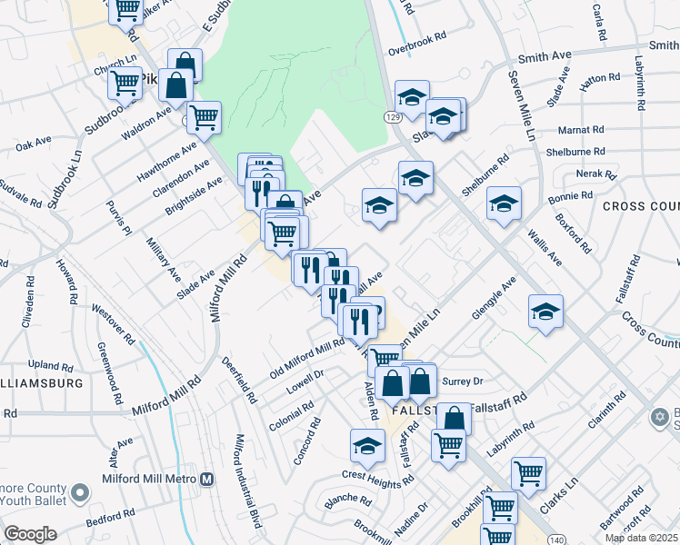 map of restaurants, bars, coffee shops, grocery stores, and more near 17 Maryland Avenue in Pikesville