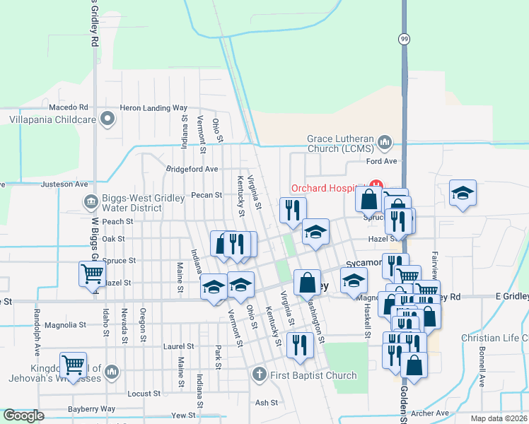 map of restaurants, bars, coffee shops, grocery stores, and more near 944 Virginia Street in Gridley