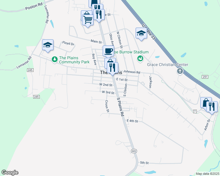 map of restaurants, bars, coffee shops, grocery stores, and more near 7 West 2nd Street in The Plains