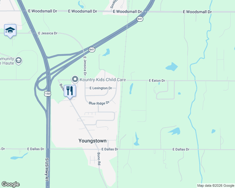 map of restaurants, bars, coffee shops, grocery stores, and more near 2066 Blue Ridge Drive in Terre Haute