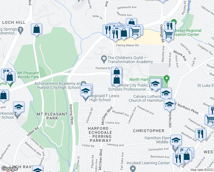 map of restaurants, bars, coffee shops, grocery stores, and more near Fleetwood Ave & Corona Ct in Baltimore
