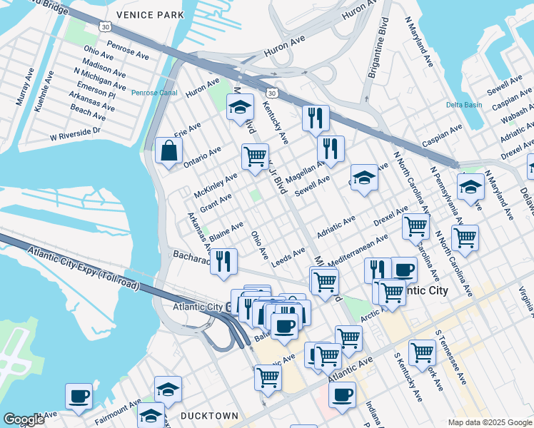 map of restaurants, bars, coffee shops, grocery stores, and more near 604 Robinson Avenue in Atlantic City