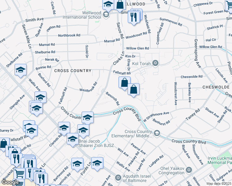 map of restaurants, bars, coffee shops, grocery stores, and more near 3111 Bancroft Road in Baltimore