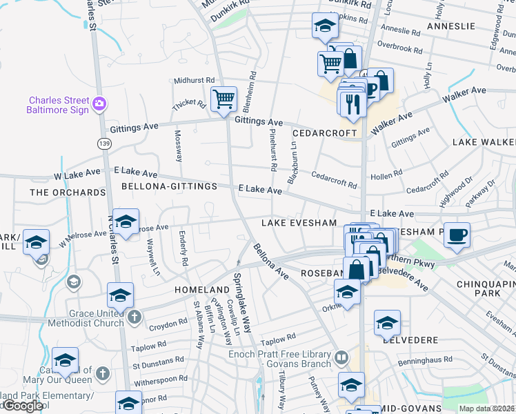 map of restaurants, bars, coffee shops, grocery stores, and more near 6103 Bellona Avenue in Baltimore
