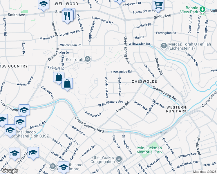 map of restaurants, bars, coffee shops, grocery stores, and more near 6227 Woodcrest Avenue in Baltimore