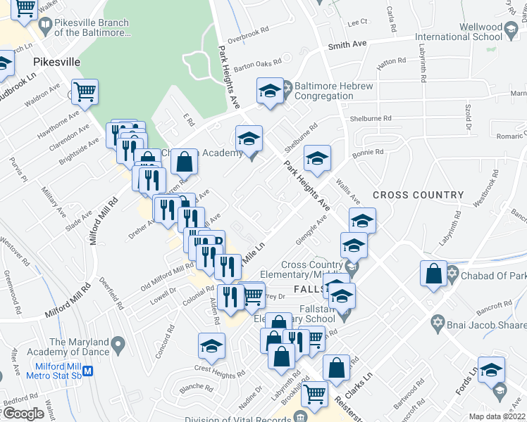 map of restaurants, bars, coffee shops, grocery stores, and more near 7264 Brookcrest Way in Pikesville
