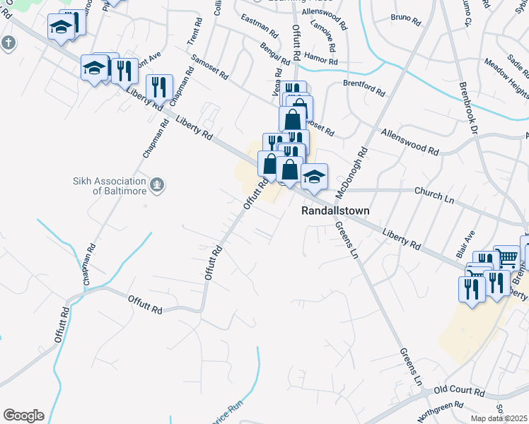 map of restaurants, bars, coffee shops, grocery stores, and more near Wilbur Avenue in Randallstown