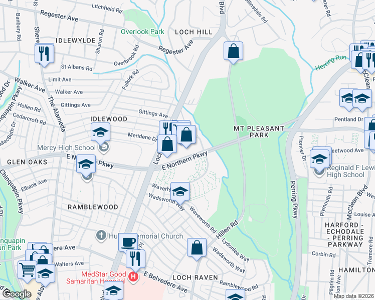 map of restaurants, bars, coffee shops, grocery stores, and more near 1700 Meridene Drive in Baltimore