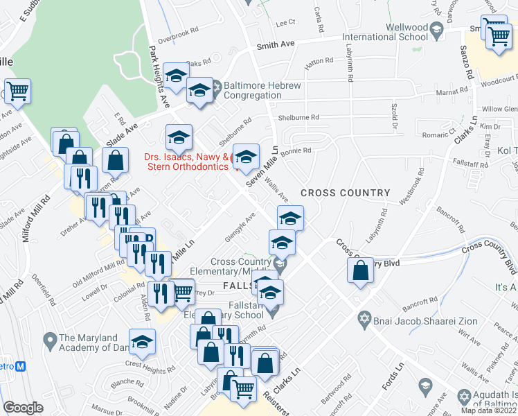 map of restaurants, bars, coffee shops, grocery stores, and more near Park Heights Ave & Glengyle Ave in Baltimore