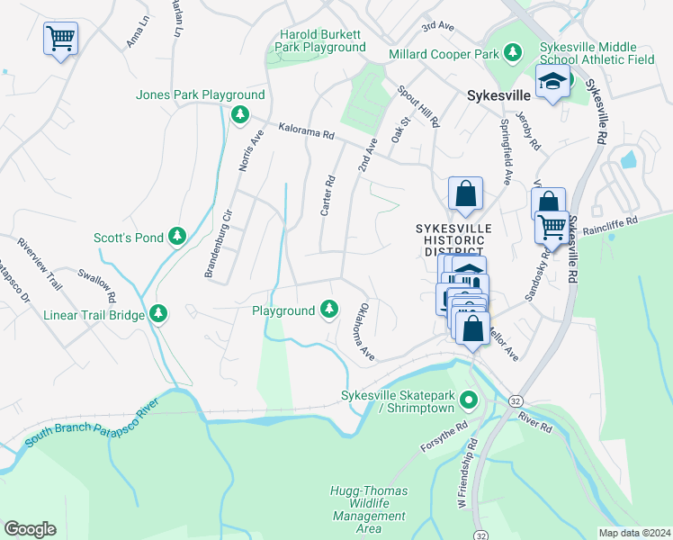map of restaurants, bars, coffee shops, grocery stores, and more near 7430 2nd Avenue in Sykesville