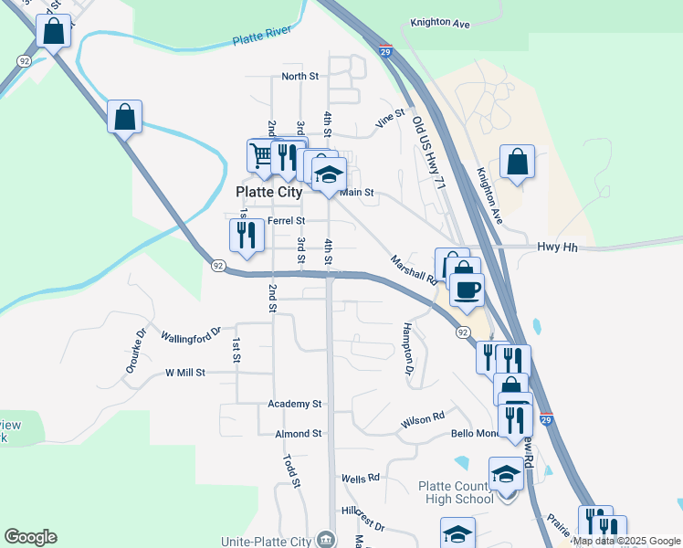 map of restaurants, bars, coffee shops, grocery stores, and more near 408 Branch Street in Platte City