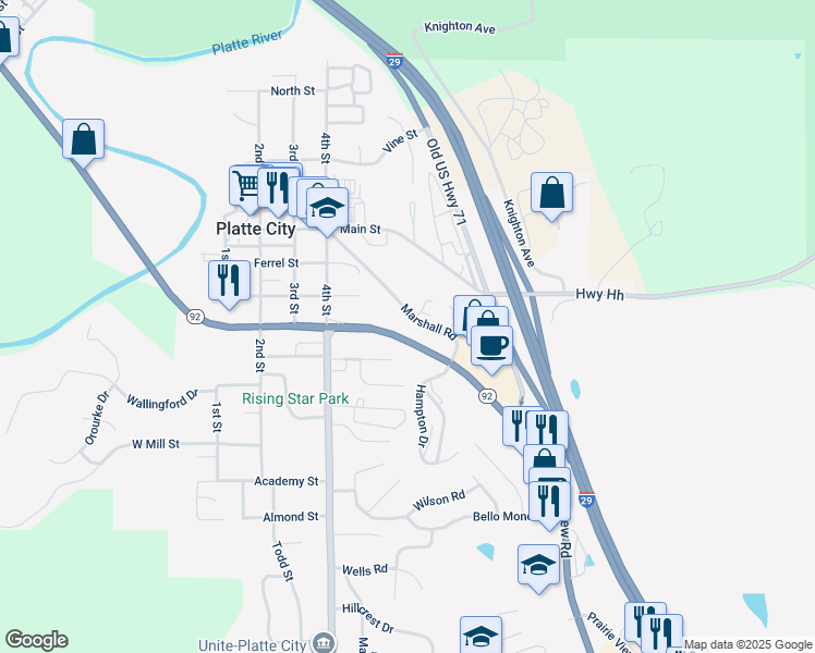 map of restaurants, bars, coffee shops, grocery stores, and more near 233-301 Marshall Road in Platte City