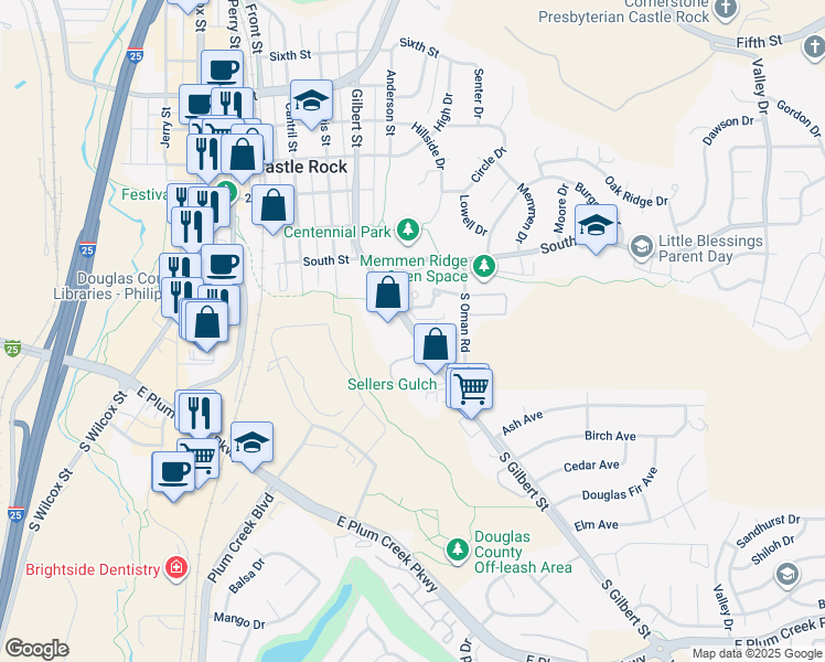map of restaurants, bars, coffee shops, grocery stores, and more near 402 South Gilbert Street in Castle Rock