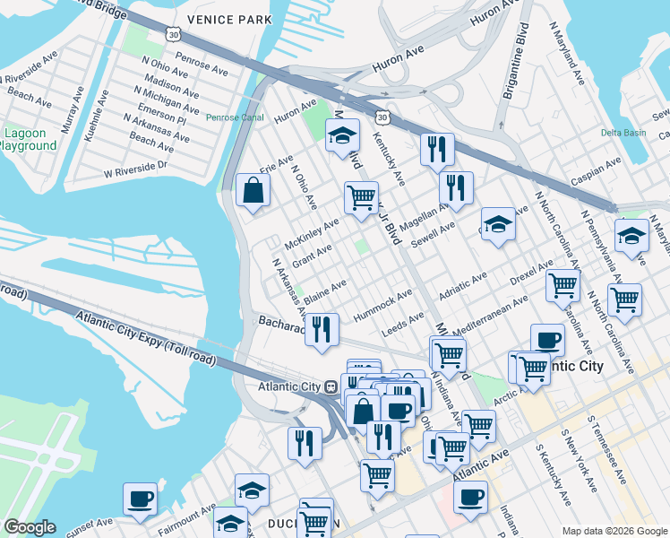 map of restaurants, bars, coffee shops, grocery stores, and more near 1911 Magellan Avenue in Atlantic City