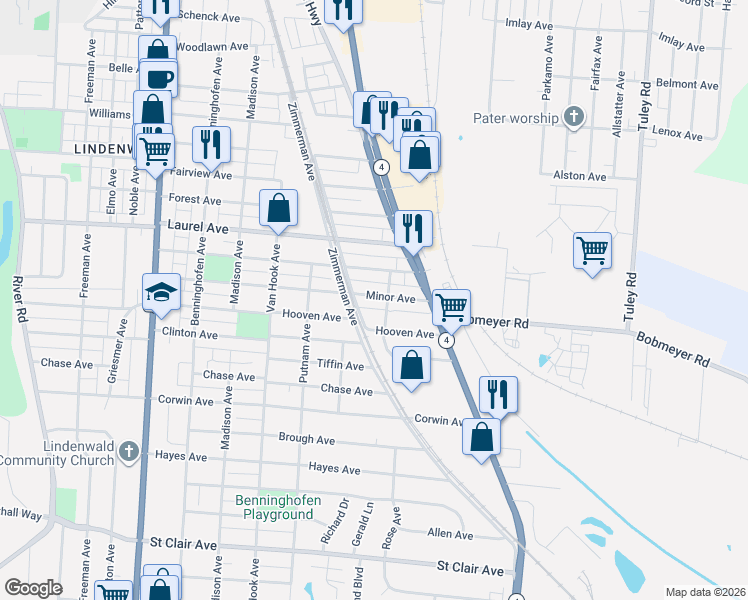 map of restaurants, bars, coffee shops, grocery stores, and more near 1202 Minor Avenue in Hamilton