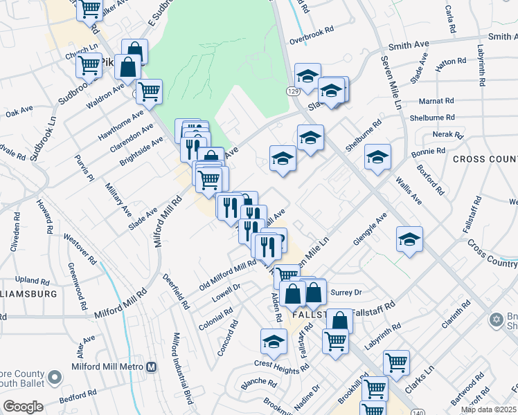 map of restaurants, bars, coffee shops, grocery stores, and more near 17 Maryland Avenue in Pikesville