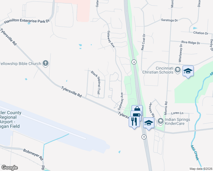map of restaurants, bars, coffee shops, grocery stores, and more near 7682 Sycamore Woods Lane in Hamilton