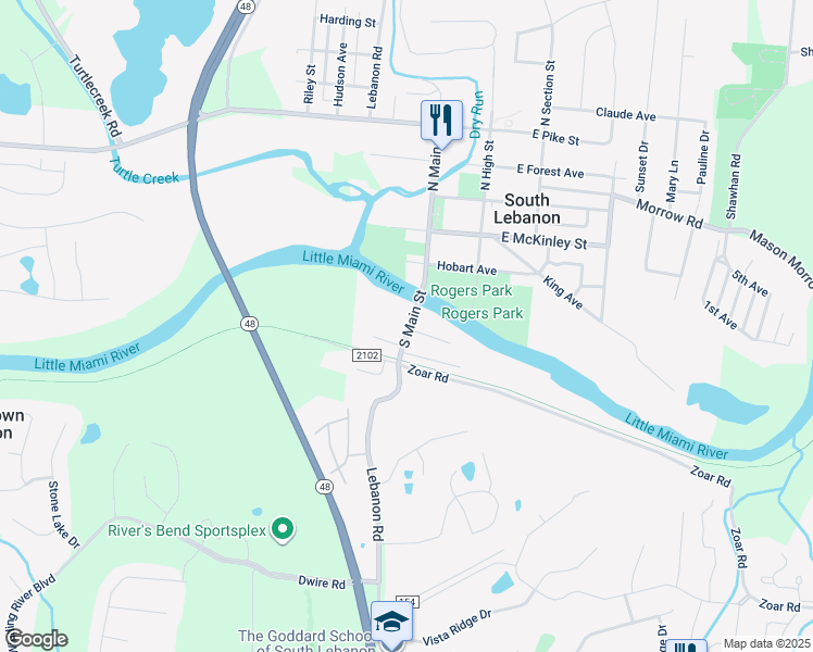 map of restaurants, bars, coffee shops, grocery stores, and more near 347 South Main Street in South Lebanon