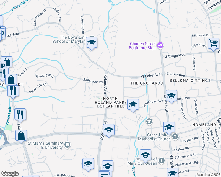 map of restaurants, bars, coffee shops, grocery stores, and more near 5713 Roland Avenue in Baltimore