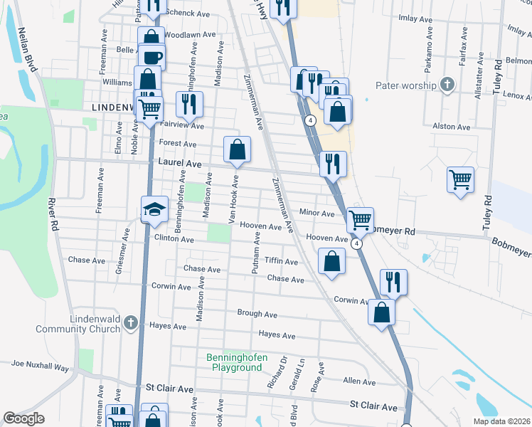 map of restaurants, bars, coffee shops, grocery stores, and more near 1005 Minor Avenue in Hamilton