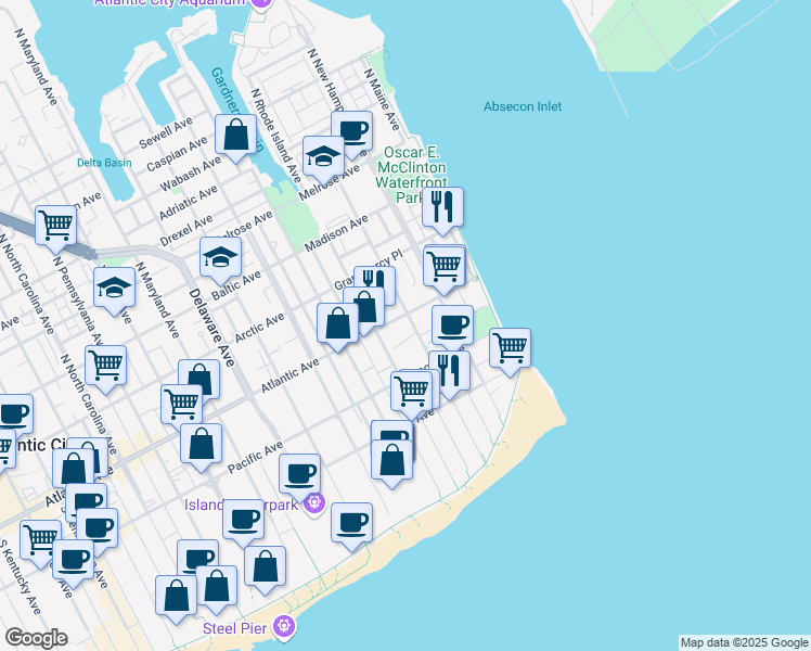 map of restaurants, bars, coffee shops, grocery stores, and more near 311 Atlantic Avenue in Atlantic City