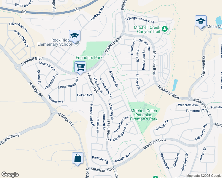 map of restaurants, bars, coffee shops, grocery stores, and more near 256 South Amherst Street in Castle Rock