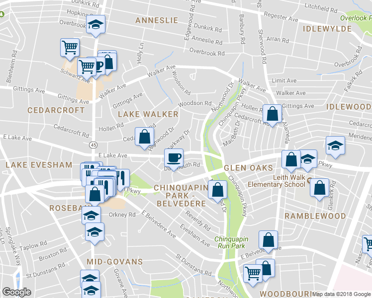 map of restaurants, bars, coffee shops, grocery stores, and more near 930 East Lake Avenue in Baltimore