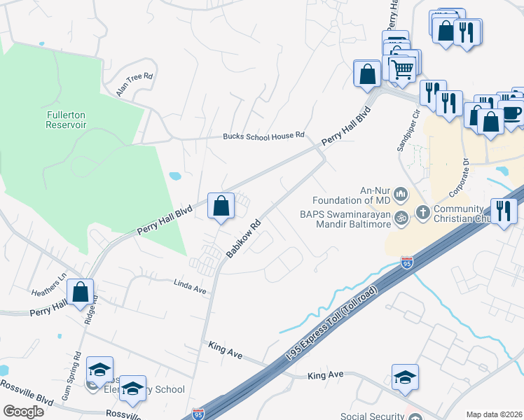 map of restaurants, bars, coffee shops, grocery stores, and more near 7922 Babikow Road in Rosedale