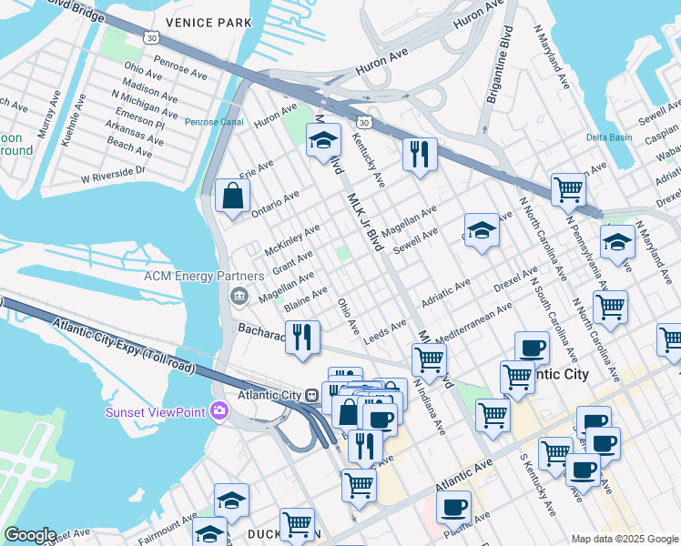 map of restaurants, bars, coffee shops, grocery stores, and more near 1818 Lincoln Avenue in Atlantic City