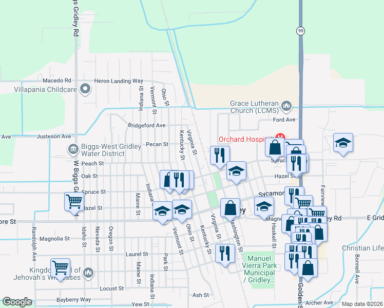 map of restaurants, bars, coffee shops, grocery stores, and more near 944 Virginia Street in Gridley