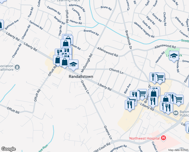 map of restaurants, bars, coffee shops, grocery stores, and more near 3605 Fieldstone Road in Randallstown