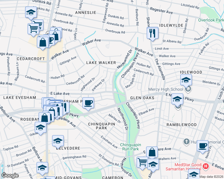 map of restaurants, bars, coffee shops, grocery stores, and more near 1016 East Lake Avenue in Baltimore