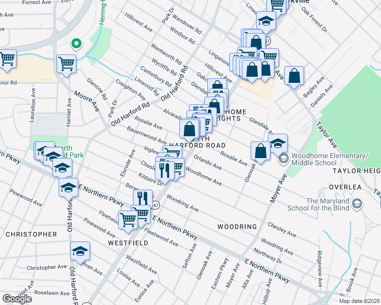 map of restaurants, bars, coffee shops, grocery stores, and more near Harford Road & Bauernwood Avenue in Baltimore
