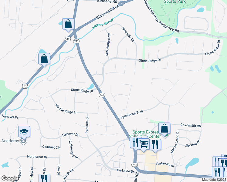 map of restaurants, bars, coffee shops, grocery stores, and more near 4788 Gallop Run in Mason
