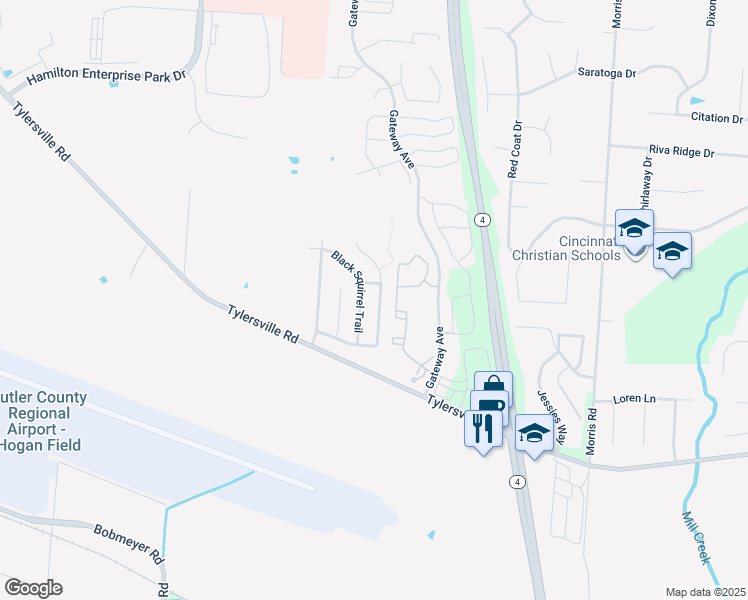 map of restaurants, bars, coffee shops, grocery stores, and more near 7679 Sycamore Woods Lane in Hamilton