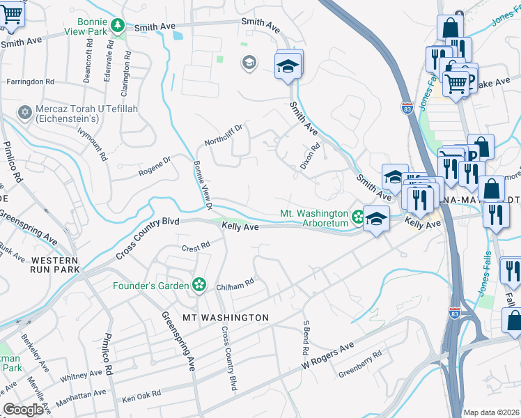 map of restaurants, bars, coffee shops, grocery stores, and more near 2110 Western Run Drive in Baltimore