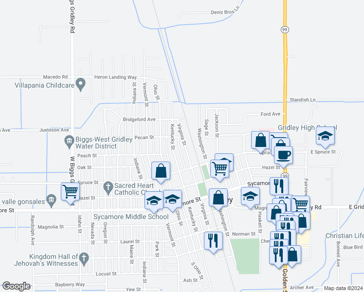map of restaurants, bars, coffee shops, grocery stores, and more near 944 Virginia Street in Gridley