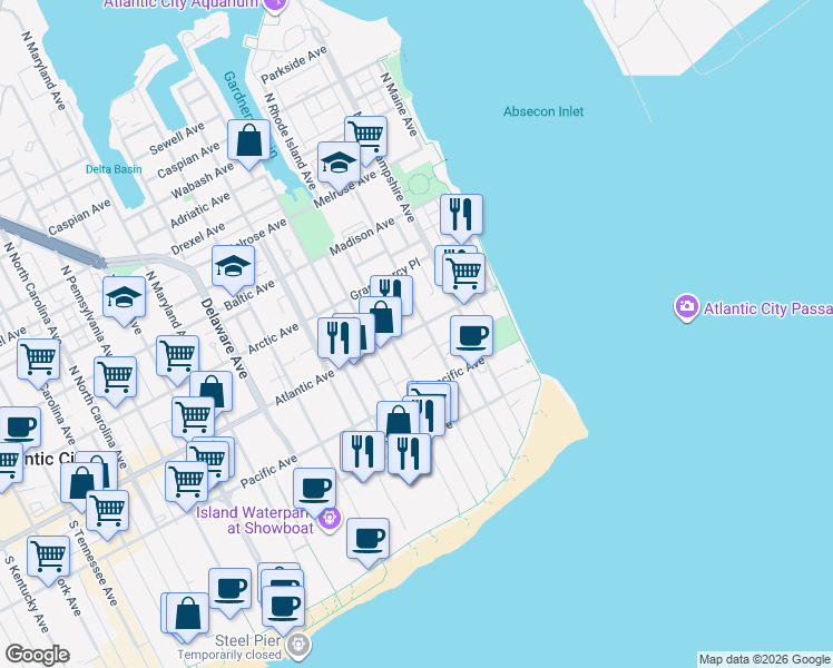 map of restaurants, bars, coffee shops, grocery stores, and more near 311 Atlantic Avenue in Atlantic City