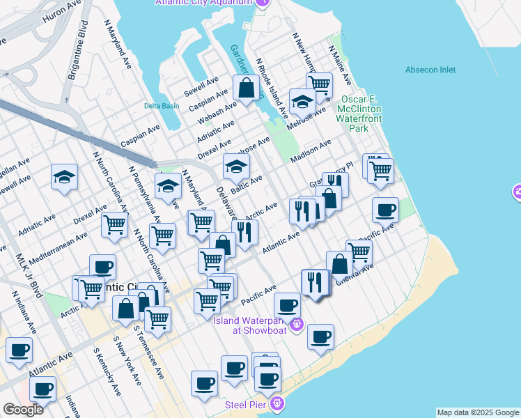 map of restaurants, bars, coffee shops, grocery stores, and more near 609 Arctic Avenue in Atlantic City
