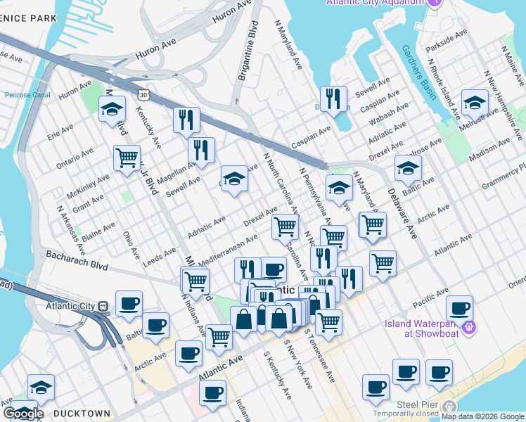 map of restaurants, bars, coffee shops, grocery stores, and more near 1227 Drexel Avenue in Atlantic City
