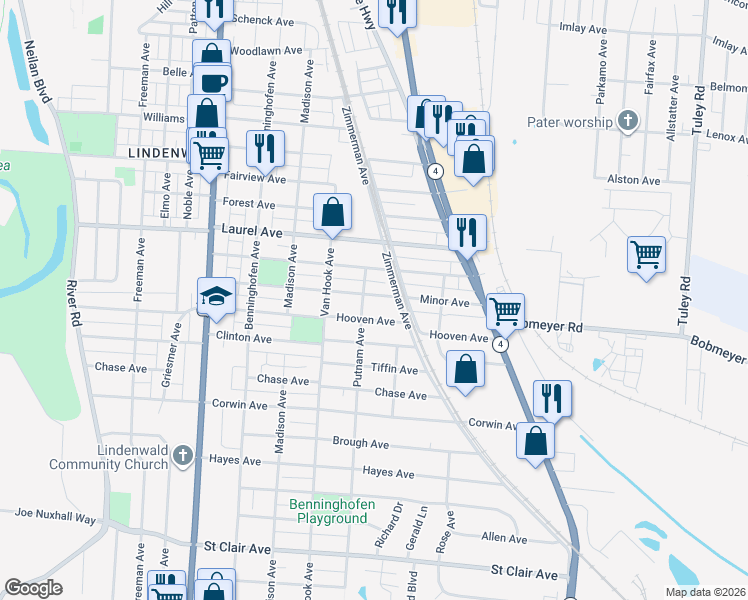 map of restaurants, bars, coffee shops, grocery stores, and more near 1005 Minor Avenue in Hamilton