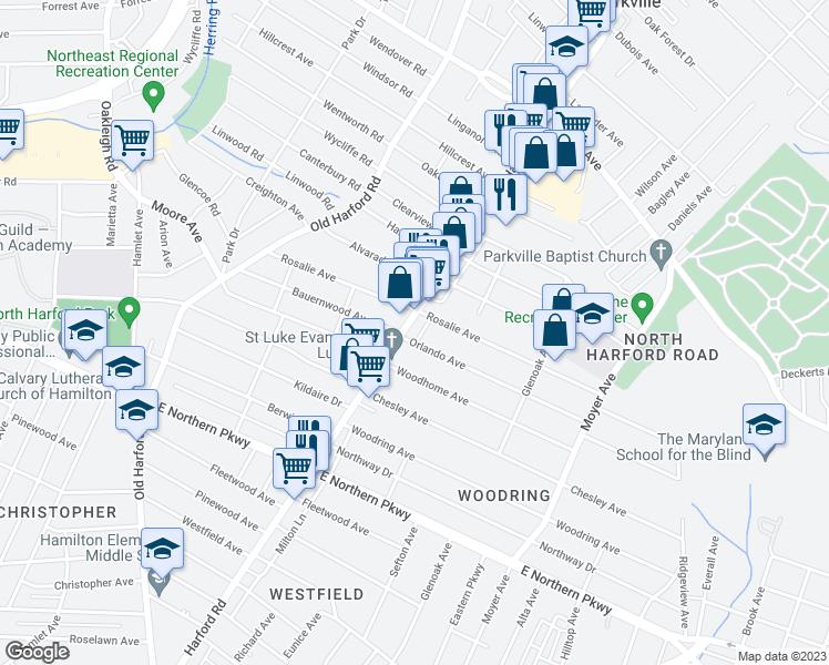 map of restaurants, bars, coffee shops, grocery stores, and more near 7111 Harford Road in Parkville
