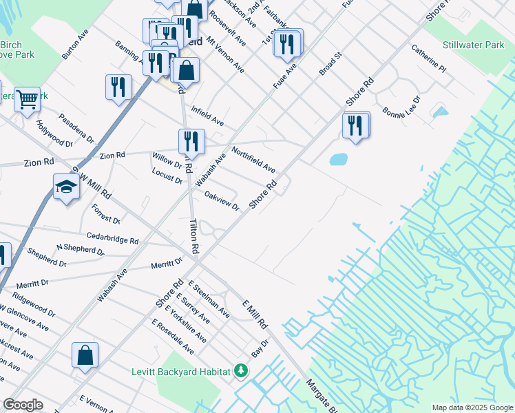 map of restaurants, bars, coffee shops, grocery stores, and more near 1500 Shore Road in Northfield
