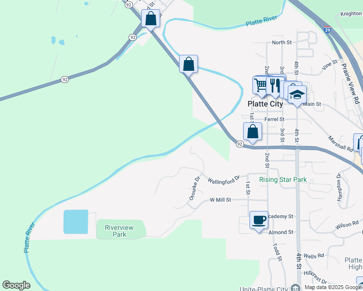 map of restaurants, bars, coffee shops, grocery stores, and more near in Platte City