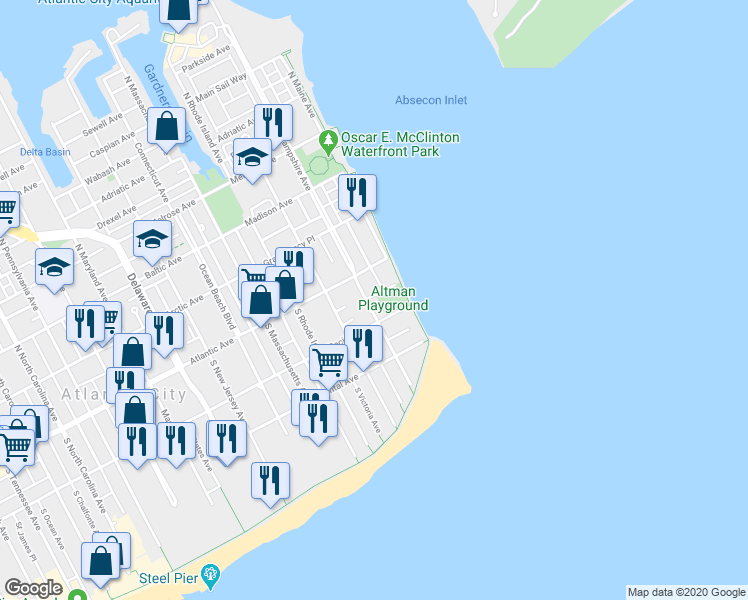 map of restaurants, bars, coffee shops, grocery stores, and more near 17 South New Hampshire Avenue in Atlantic City