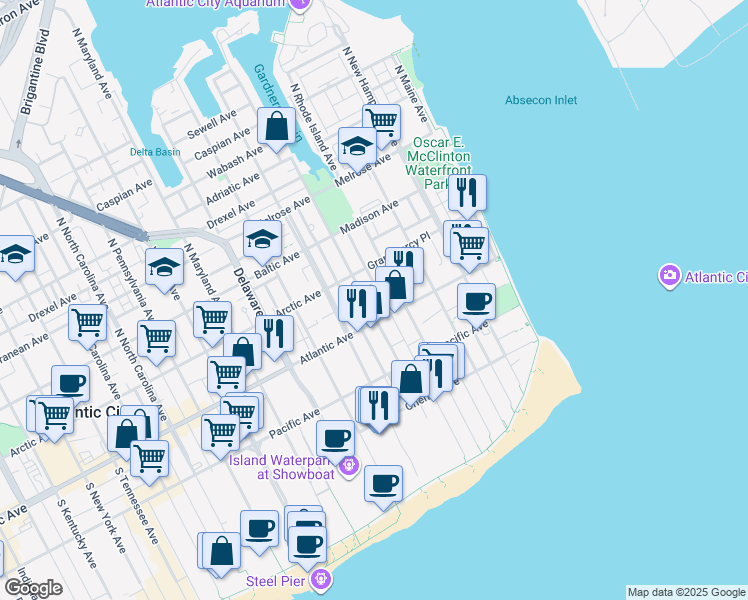map of restaurants, bars, coffee shops, grocery stores, and more near 445 Atlantic Avenue in Atlantic City