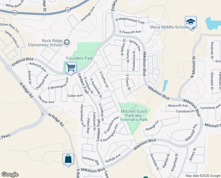 map of restaurants, bars, coffee shops, grocery stores, and more near 216 South Carlton Street in Castle Rock