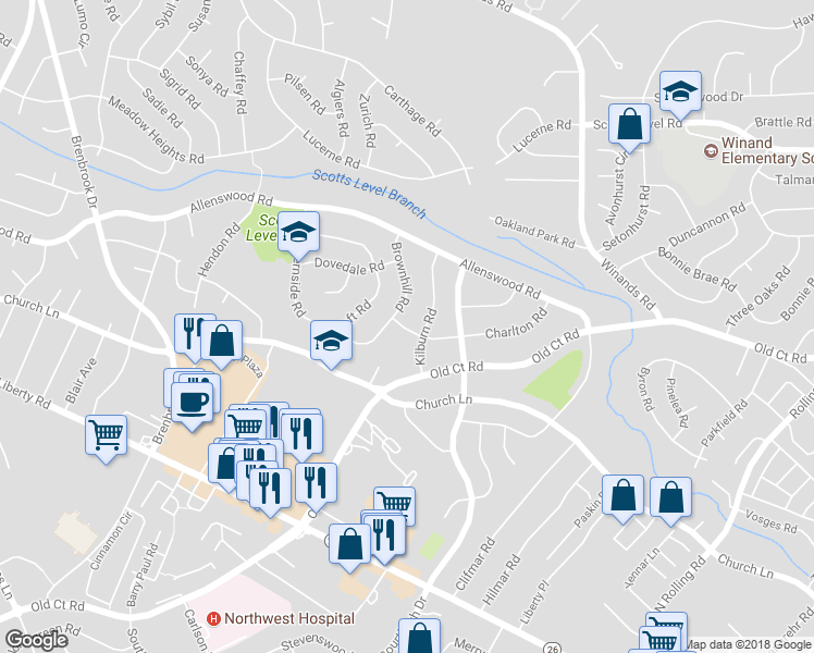 map of restaurants, bars, coffee shops, grocery stores, and more near 8512 Charlton Rd in Randallstown