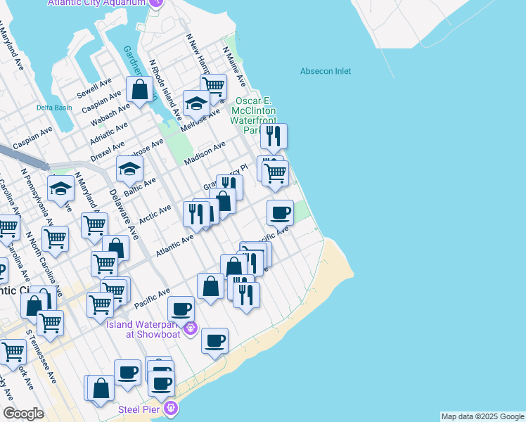 map of restaurants, bars, coffee shops, grocery stores, and more near 10 Belle Haven Court in Atlantic City